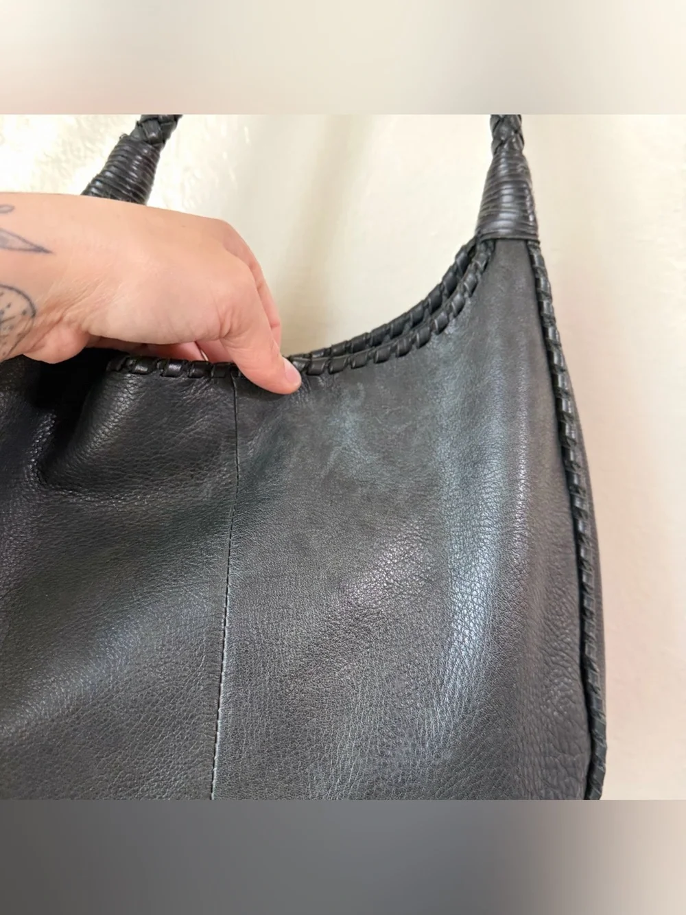 Margot NY Black Pebble Leather Slouchy Hobo Bag Braided Whipstitch Boho Tote
